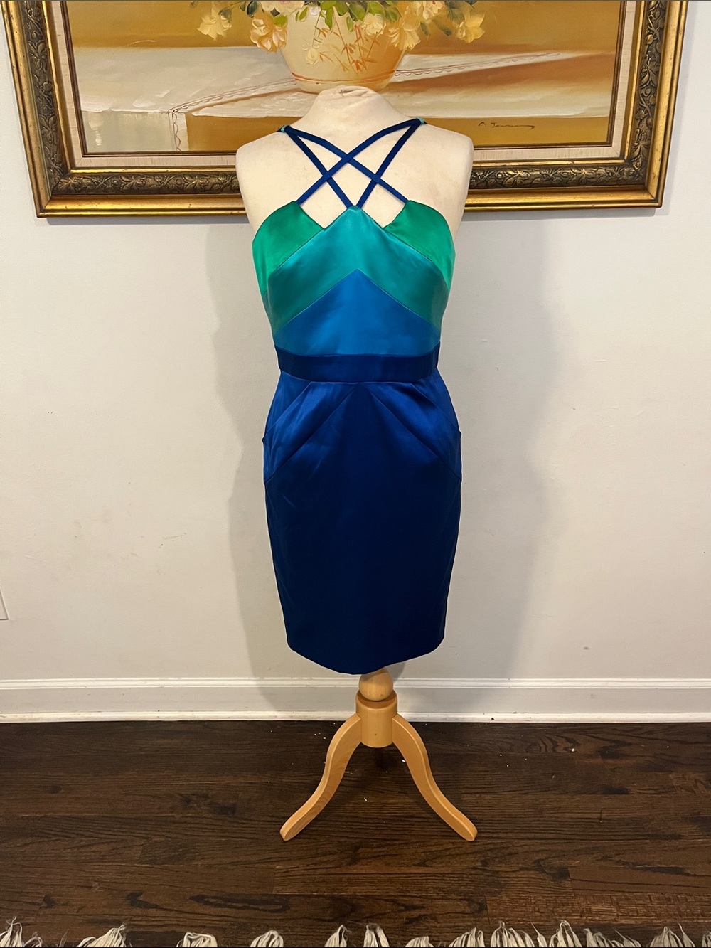 Marc Bouwer Teal and Royal Blue Silk Crisscross Mini Dress